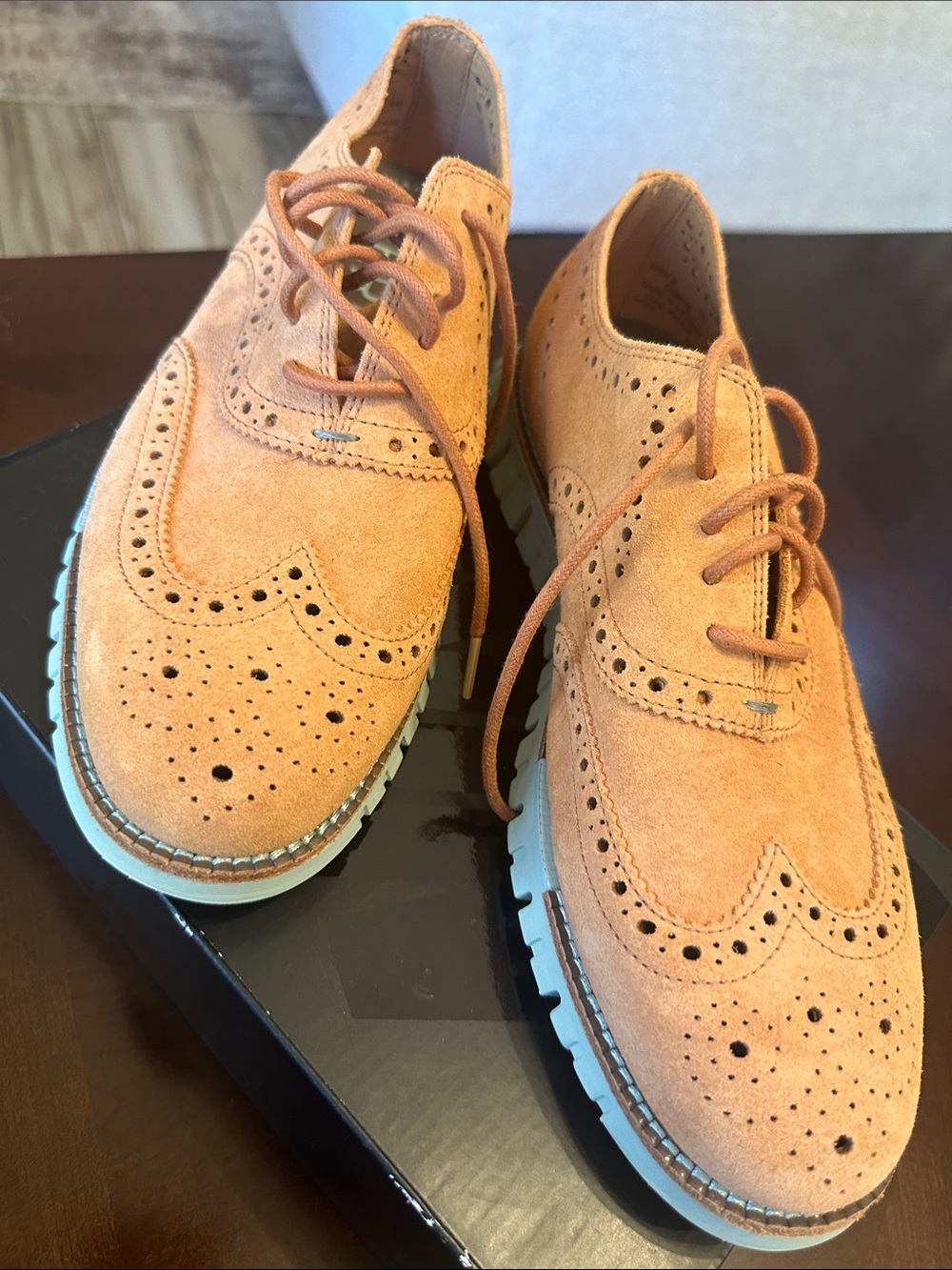 Cole Haan Suede Wingtip Oxfords in Peach with Light Mint Sole